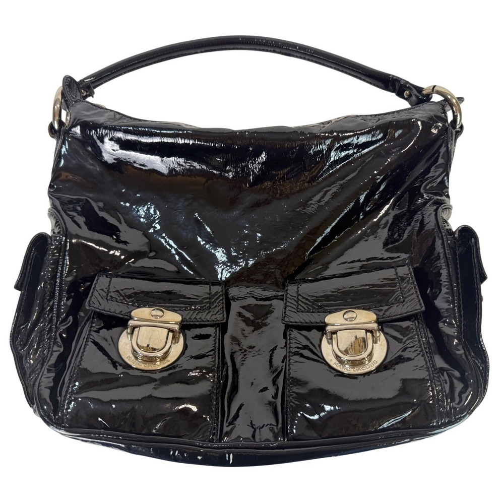 Vtg Marc Jacobs "Blake" Black Patent Leather Silver Hobo Shoulder Purse Bag Y2K